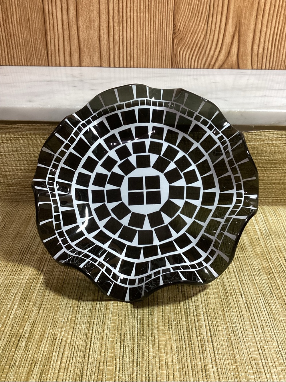 Vintage MCM Black and White Decorative Mosaic Style Dish